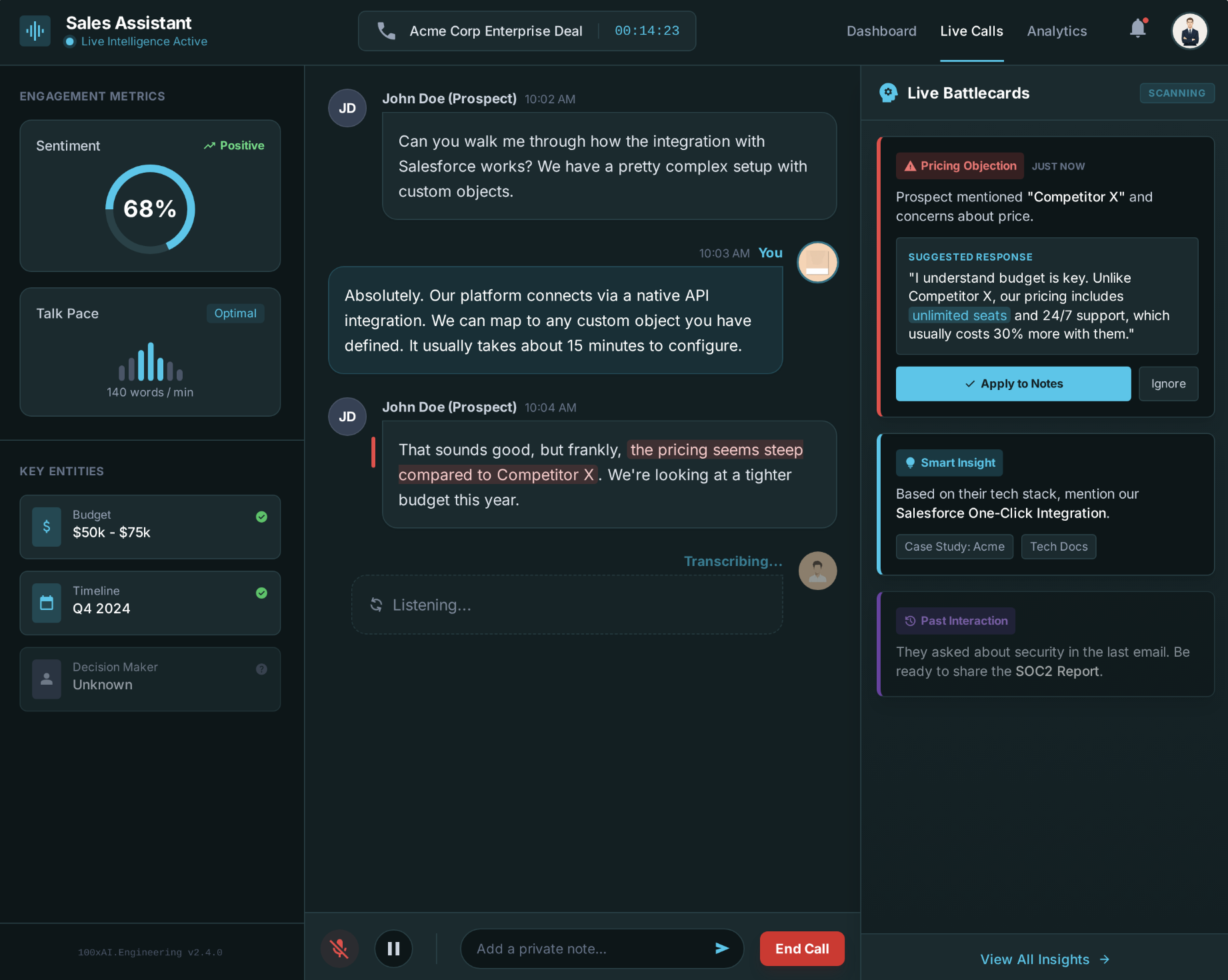 Real-time sales call assistant with live transcription