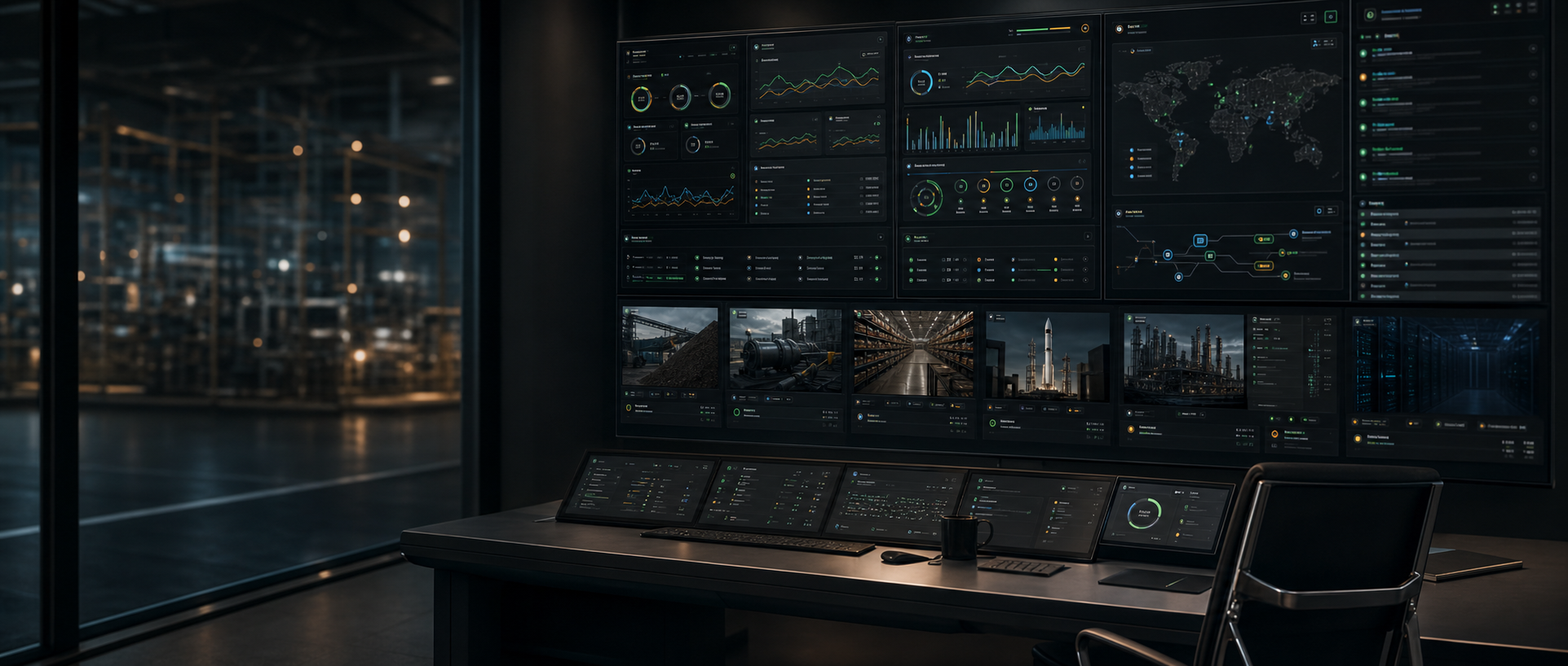 AI operating layer command room with industrial workflow dashboards