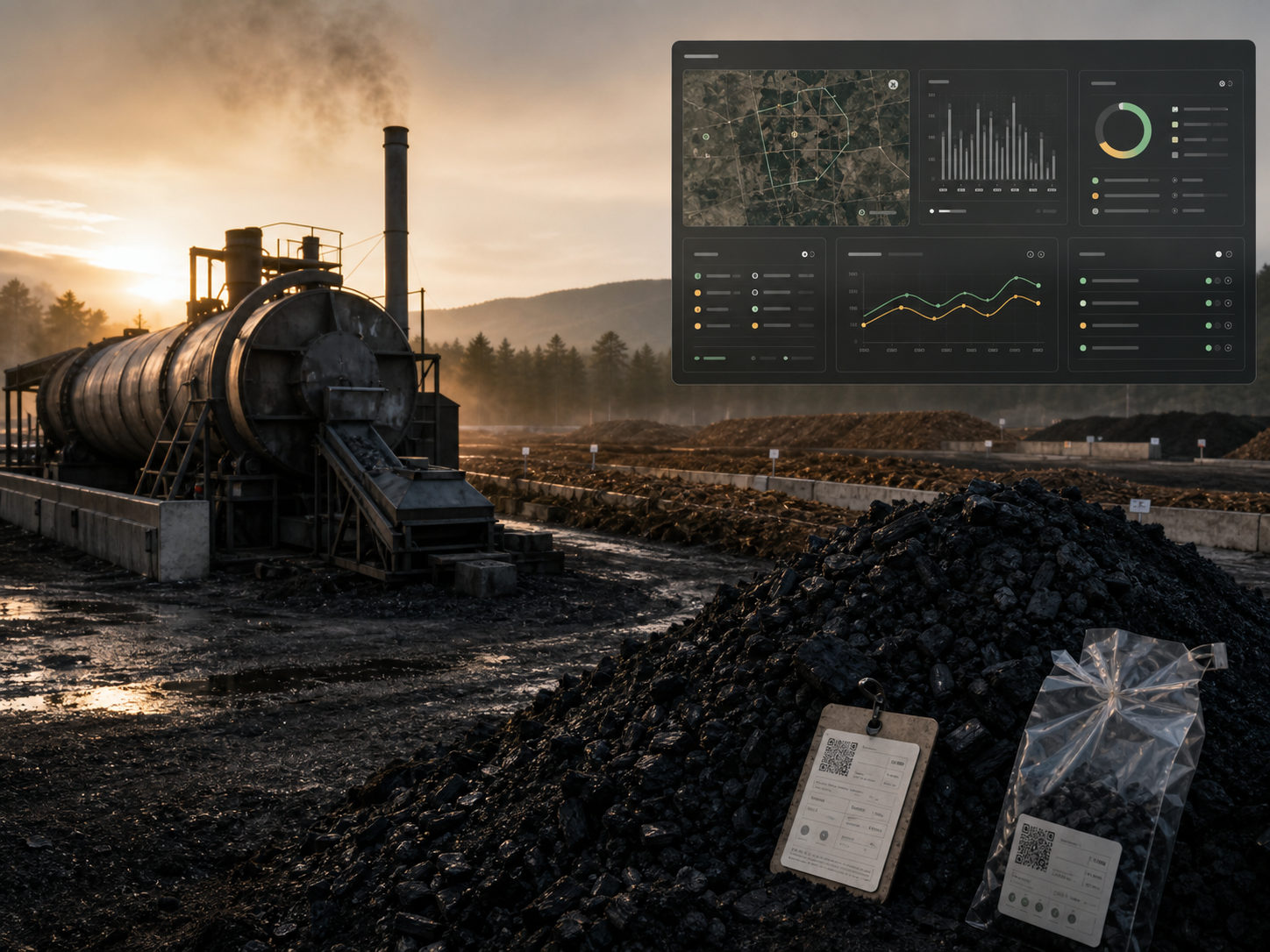 Biochar MRV yard with kiln stacks and evidence dashboard